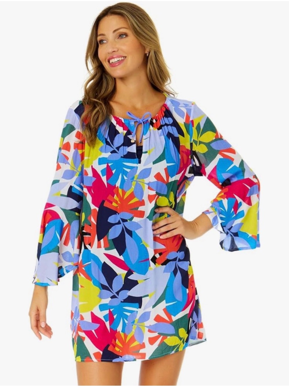 Anne Cole Tropical Stamp Bell Sleeve Swim Coverup